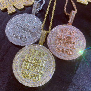 ICETOPLUXE three color options of Stay Humble Hustle Hard pendants, iced out jewelry for men.