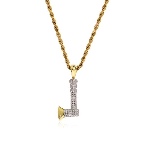 Gold-plated axe-shaped pendant with clear cubic zirconia, hip hop style necklace for men, 20-inch rope chain