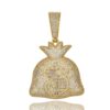 18K gold-plated money bag pendant necklace with cubic zirconia, featuring large dollar, iced out hip hop jewelry for men