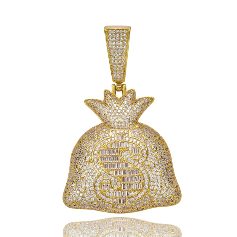 18K gold-plated money bag pendant necklace with cubic zirconia, featuring large dollar, iced out hip hop jewelry for men