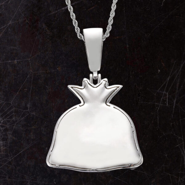 Back view of silver money bag pendant necklace with cubic zirconia, hip hop style for men