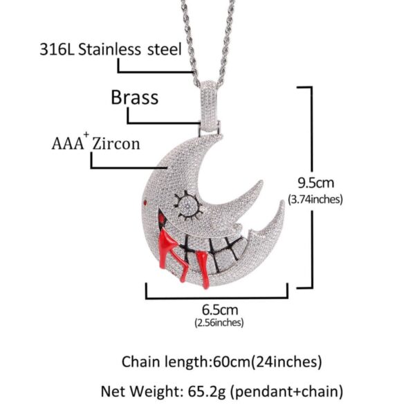 Size chart of crescent moon pendant necklace, CZ diamond hip hop jewelry for men and women