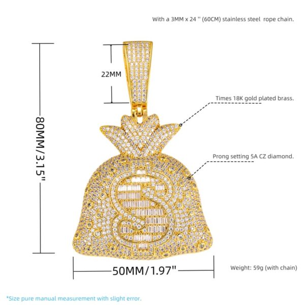 Detailed dimensions of 18K gold and silver plated money bag pendant necklace, iced out jewelry for men