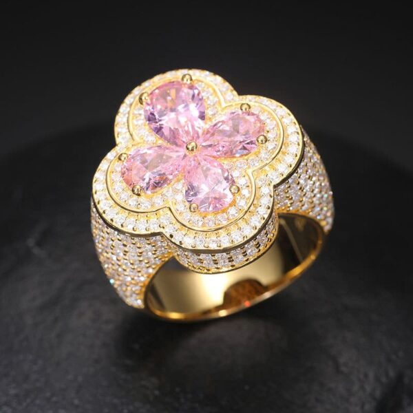 Gold moissanite flower ring front view, iced out hip hop ring for men, custom jewelry