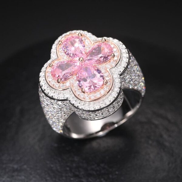 White moissanite flower ring front view, iced out design, perfect for hip hop jewelry enthusiasts