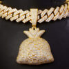 Gold money bag pendant necklace iced out with cubic zirconia and Miami Cuban chain, hip hop jewelry for men
