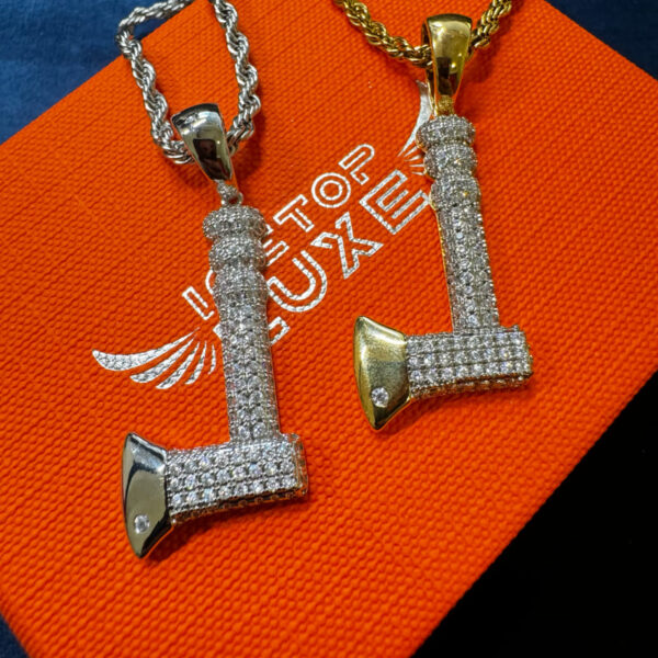 Gold and silver axe pendant necklaces with 20-inch rope chains, stylish jewelry for men