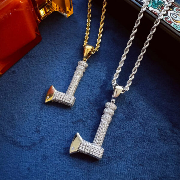 Gold and silver axe pendant necklaces, cubic zirconia-embellished, 20-inch rope chain, hip hop style