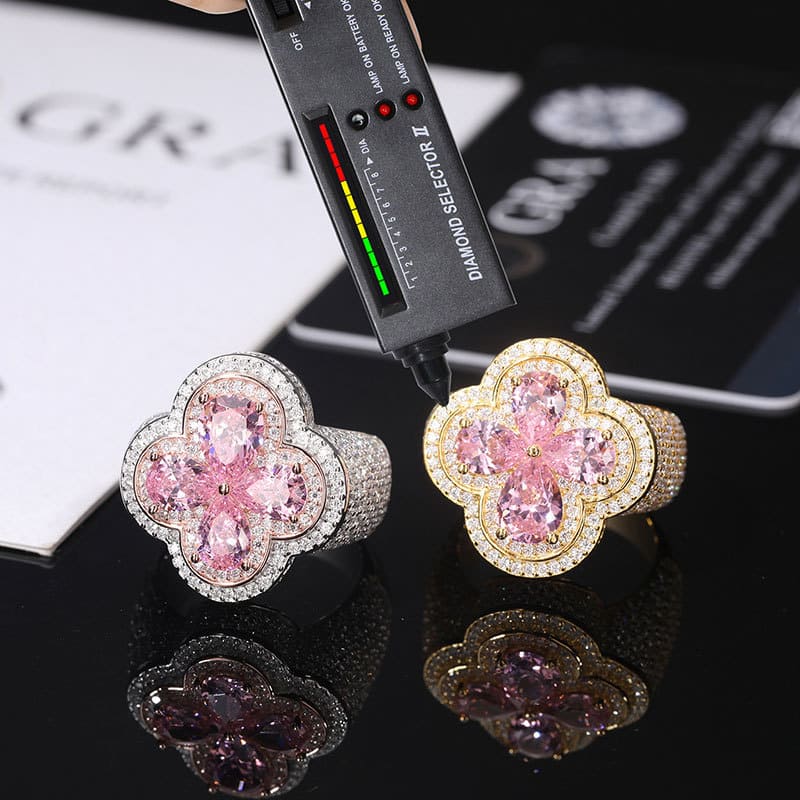 Gold and silver moissanite flower rings together, luxury iced out hip hop jewelry for men and women