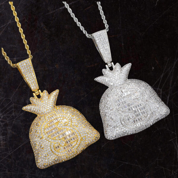 Iced out gold and silver money bag pendants with 24-inch rope chains, urban charm jewelry for men