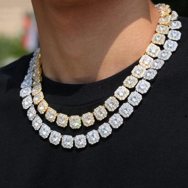 Model wearing both gold-plated and white iced out 12mm CZ tennis link chains, hip hop style