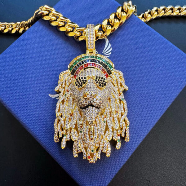 Front view of ICETOPLUXE 18K gold Lion head pendant with Glossy Cuban chain, iced out with premium Zircon stones