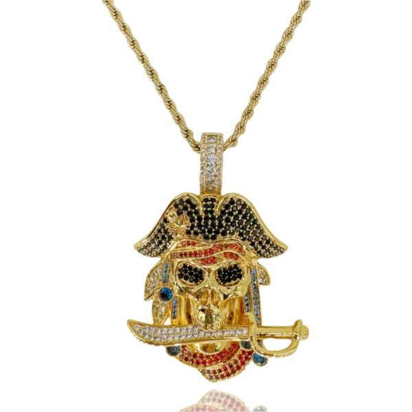 ICETOPLUXE 18K gold plated pirate skull pendant, iced out CZ diamonds, hip hop necklace for men