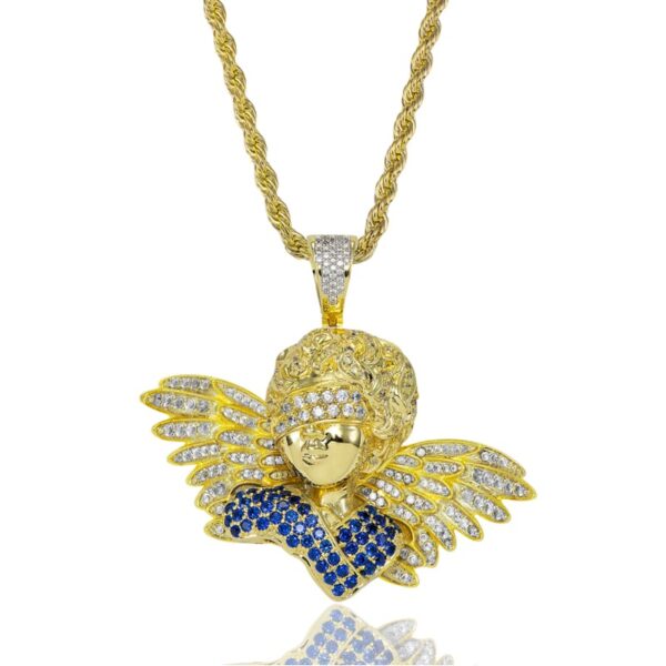 ICETOPLUXE gold plated blindfold angel pendant with blue and white CZ diamond stones, hip hop jewelry for men, iced out style