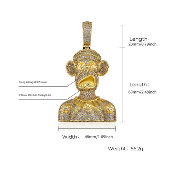 ICETOPLUXE size chart of big unruly monkey pendant, iced out CZ diamonds, 24" chain options