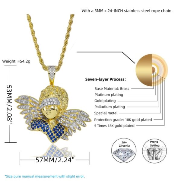 ICETOPLUXE detailed size chart of blindfold angel pendant necklace, featuring 18K gold plating and CZ diamonds, hip hop jewelry for men