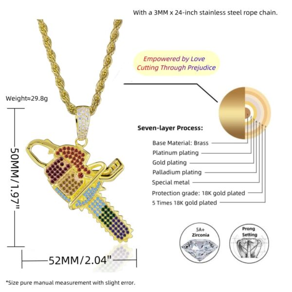 ICETOPLUXE chainsaw pendant necklace size reference, showcasing dimensions for perfect fit in hip hop jewelry