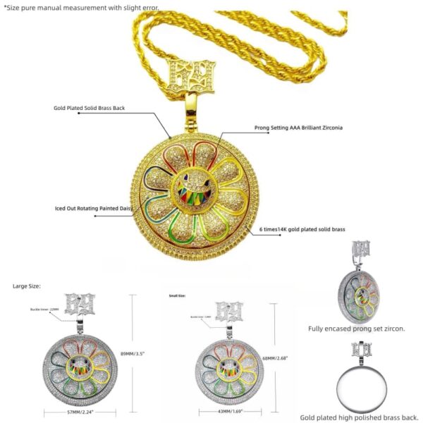 ICETOPLUXE size comparison of S and L spin-up daisy pendants, perfect for hip hop lovers