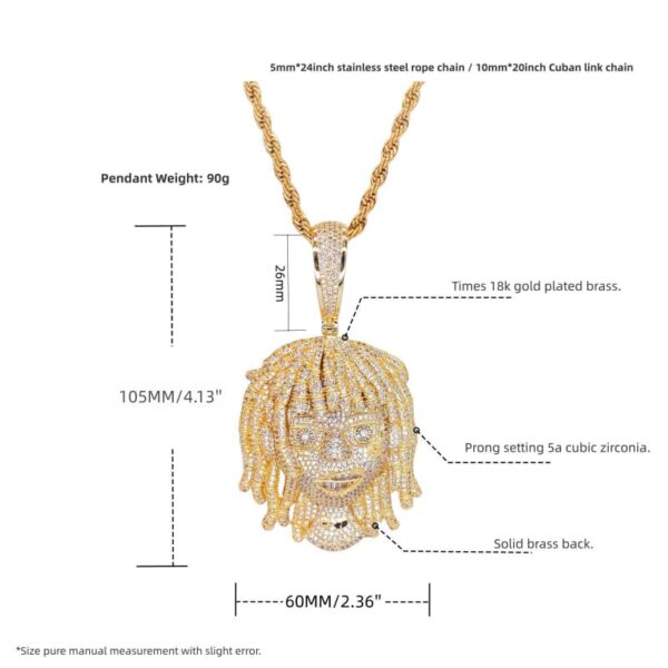 ICETOPLUXE size details of the iced out dreadlocks pendant, designed for a perfect fit for men