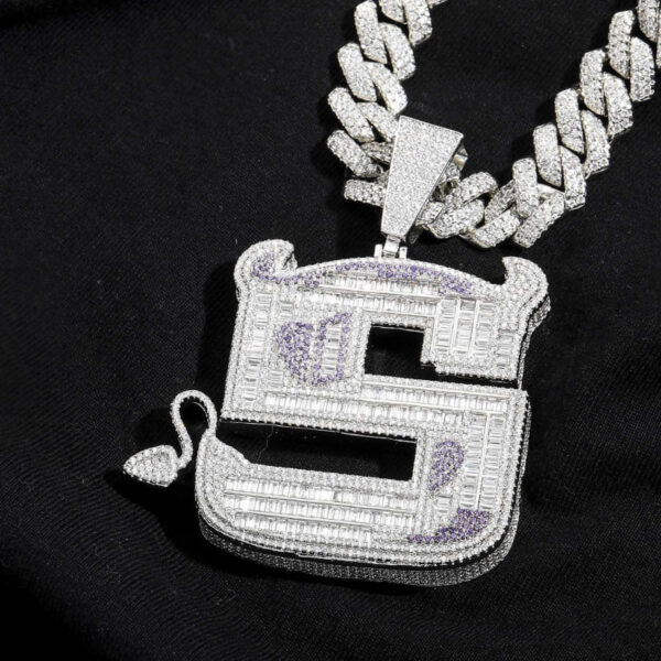 ICETOPLUXE close-up view of S letter pendant featuring CZ diamonds, ideal for stylish men’s jewelry