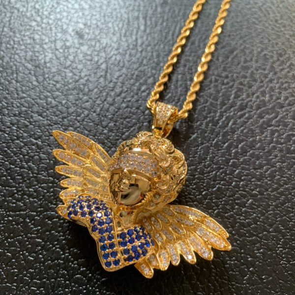 ICETOPLUXE 18K gold blindfold angel pendant with sparkling blue and white CZ stones, hip hop necklace for men and women