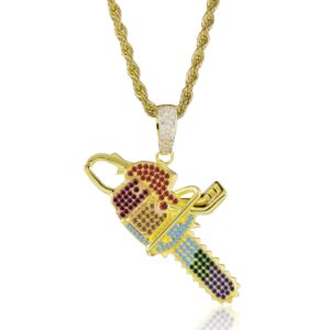 ICETOPLUXE stunning gold iced out chainsaw pendant necklace on white background, perfect for hip hop jewelry