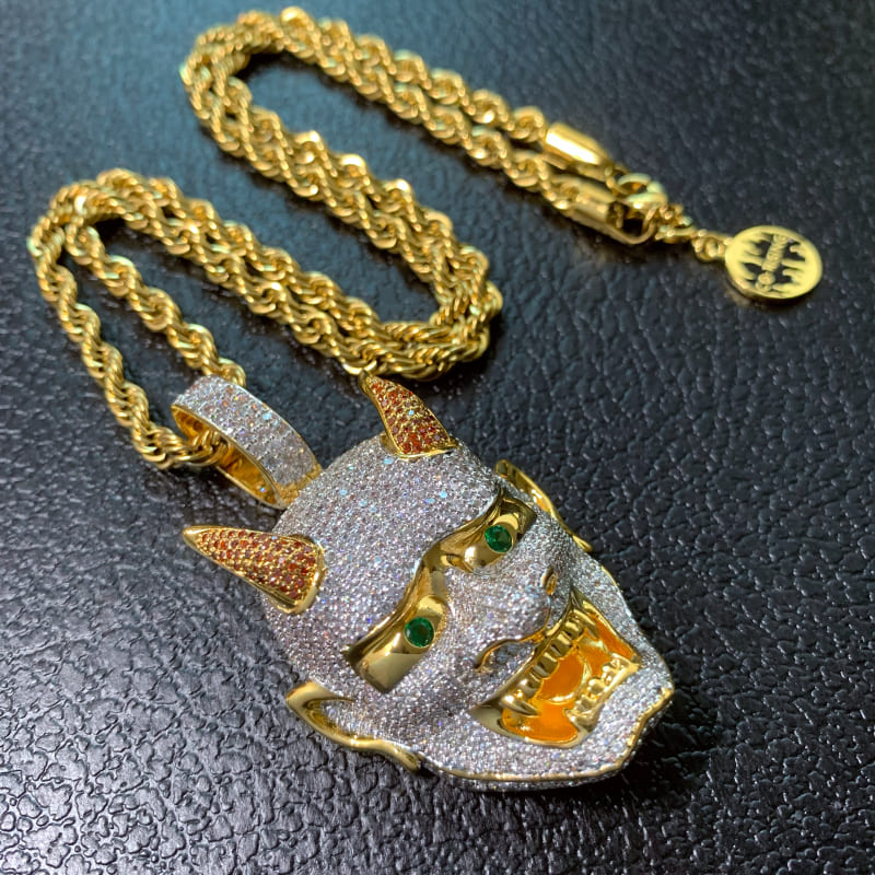 ICETOPLUXE gold Yaksha ghost pendant necklace, full CZ diamond iced out, 18K hip hop jewelry for men