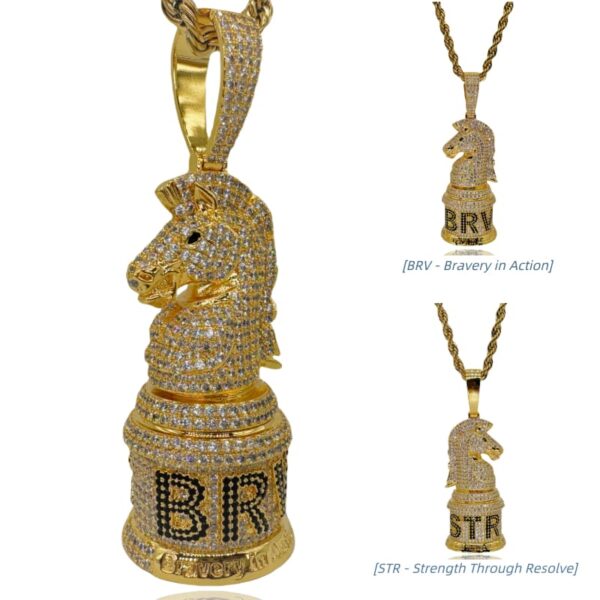 ICETOPLUXE gold knight chess pendant, front and back views, CZ diamonds, statement jewelry for men and women