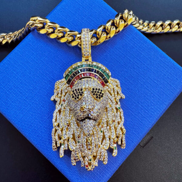 ICETOPLUXE gold Lion head pendant with 10mm Glossy Cuban chain, front view showing bling CZ diamonds