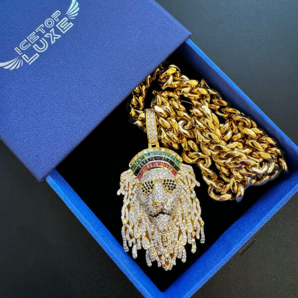 ICETOPLUXE gold Lion head pendant with 10mm Glossy Cuban chain, placed in luxury display box for gifting