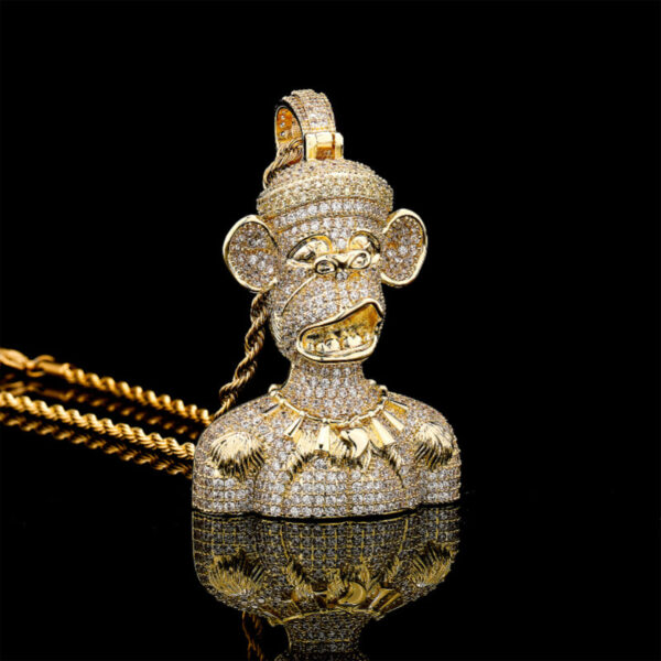 ICETOPLUXE front view of gold big unruly monkey pendant with 24-inch rope chain, hip hop men's jewelry