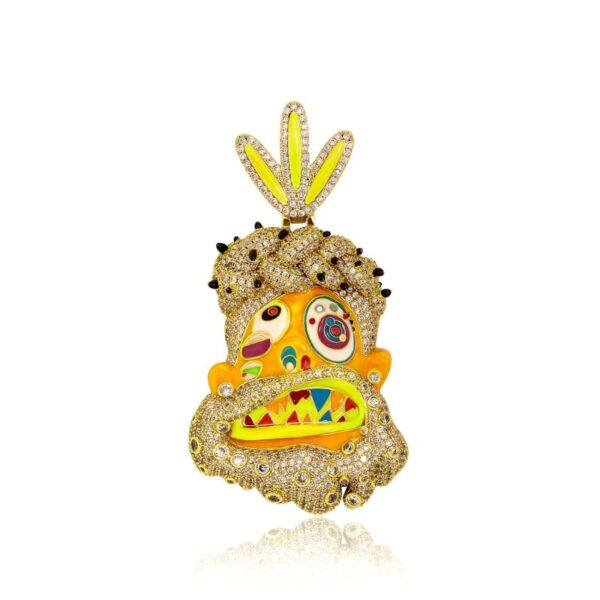 ICETOPLUXE gold Mysterious Tribe Chief pendant on white background, featuring detailed enamel art and bling CZ diamonds