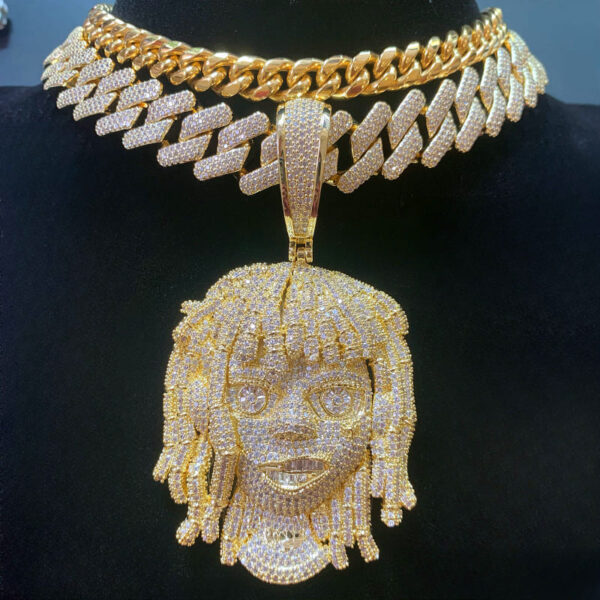 ICETOPLUXE gold iced out dreadlocks pendant layered with Miami Cuban chain and glossy Cuban chain, stylish and trendy