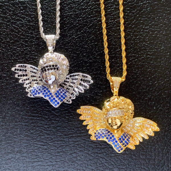 ICETOPLUXE gold and white blindfold angel pendants, side by side comparison, iced out with CZ stones, hip hop jewelry for men and women