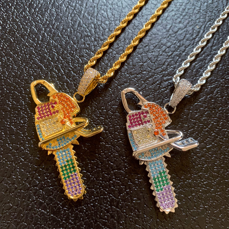 ICETOPLUXE unique gold and white chainsaw pendant necklaces for both men and women, ideal for hip hop jewelry