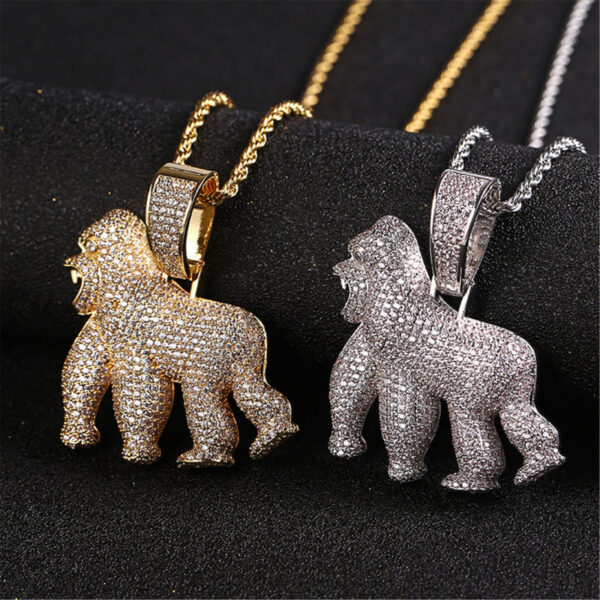 ICETOPLUXE gold and white roaring gorilla pendants displayed with 24-inch rope chains, ideal for fashion