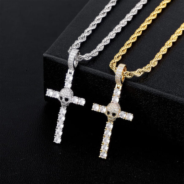 ICETOPLUXE gold and white skull cross pendants displayed together, ideal for stylish hip hop jewelry