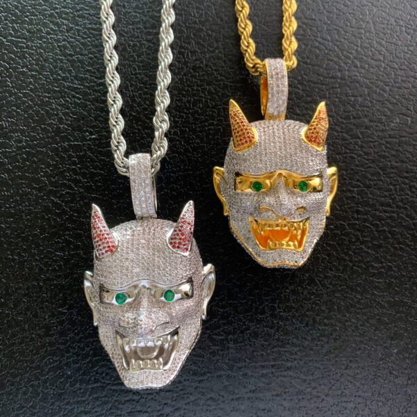 ICETOPLUXE gold and white Yaksha ghost pendant necklaces, full CZ diamond iced out, unique hip hop jewelry for men