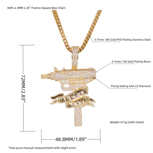 ICETOPLUXE size details of the iced out gun pendant, designed for the perfect fit for hip hop jewelry lovers