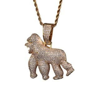 ICETOPLUXE gold roaring gorilla pendant on a white background, featuring dazzling AAA zirconia simulated diamonds