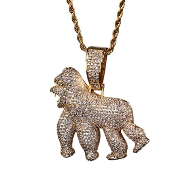 ICETOPLUXE gold roaring gorilla pendant on a white background, featuring dazzling AAA zirconia simulated diamonds