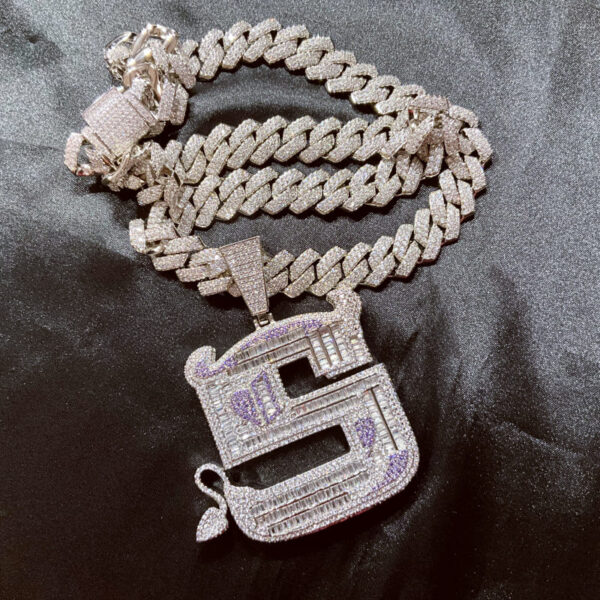 ICETOPLUXE S letter bling iced out pendant styled with 14mm Cuban chain, perfect for fashion-forward men