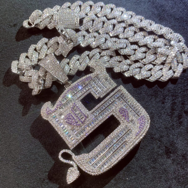 ICETOPLUXE iced out S letter pendant on display with 14mm Cuban chain, showcasing luxury hip hop jewelry