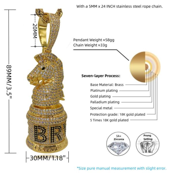 ICETOPLUXE knight chess pendant size chart, full CZ diamond design, gold and white variants, hip hop jewelry