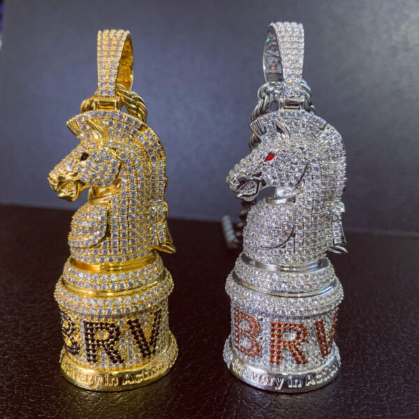 ICETOPLUXE gold and white knight chess pendants standing together, 3D iced out hip hop jewelry