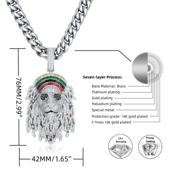 ICETOPLUXE Lion head pendant size chart, 18K gold-plated brass, 20-inch Glossy Cuban chain for men's hip hop style