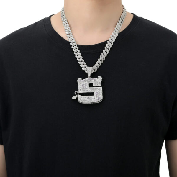 ICETOPLUXE model showcasing S letter iced out pendant with 14mm Cuban chain, perfect hip hop jewelry