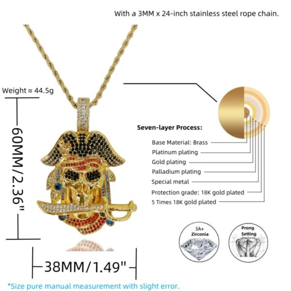 ICETOPLUXE pirate skull pendant size chart, gold plated CZ diamond iced out necklace for men