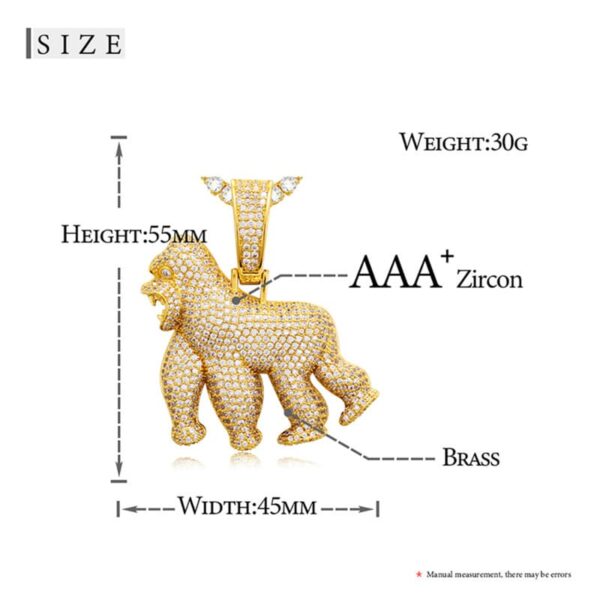 ICETOPLUXE size details for the iced out roaring gorilla pendant, ideal for hip hop jewelry enthusiasts