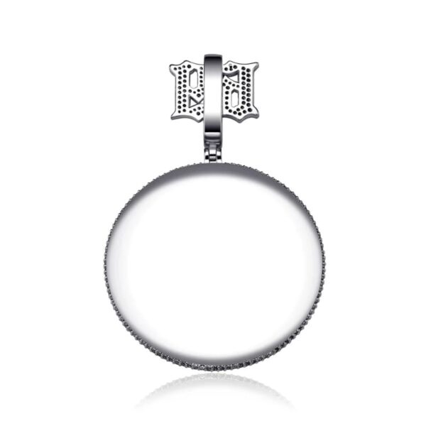 ICETOPLUXE back view of white spin-up daisy pendant, iced out bling jewelry for men and women